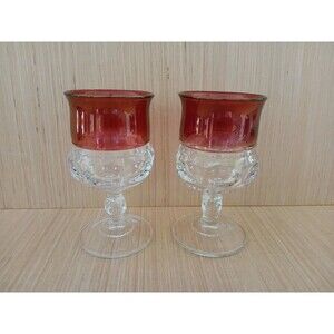 Vintage Kings Crown Glass Cup Goblets or Candle Holders Red & Clear Set of 2